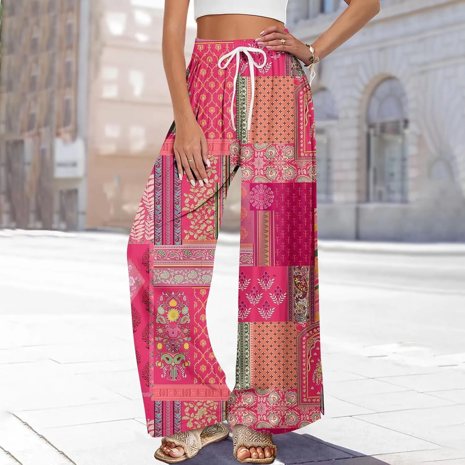 Wide Leg Pants Women 2025 Summer Floral Print Boho Palazzo Pants High Waist Lounge Trousers with Pockets