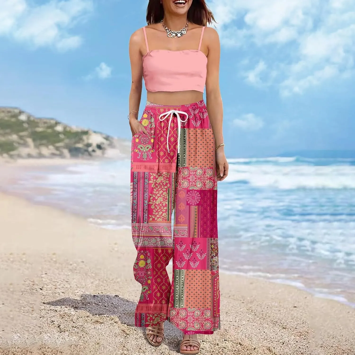 Wide Leg Pants Women 2025 Summer Floral Print Boho Palazzo Pants High Waist Lounge Trousers with Pockets