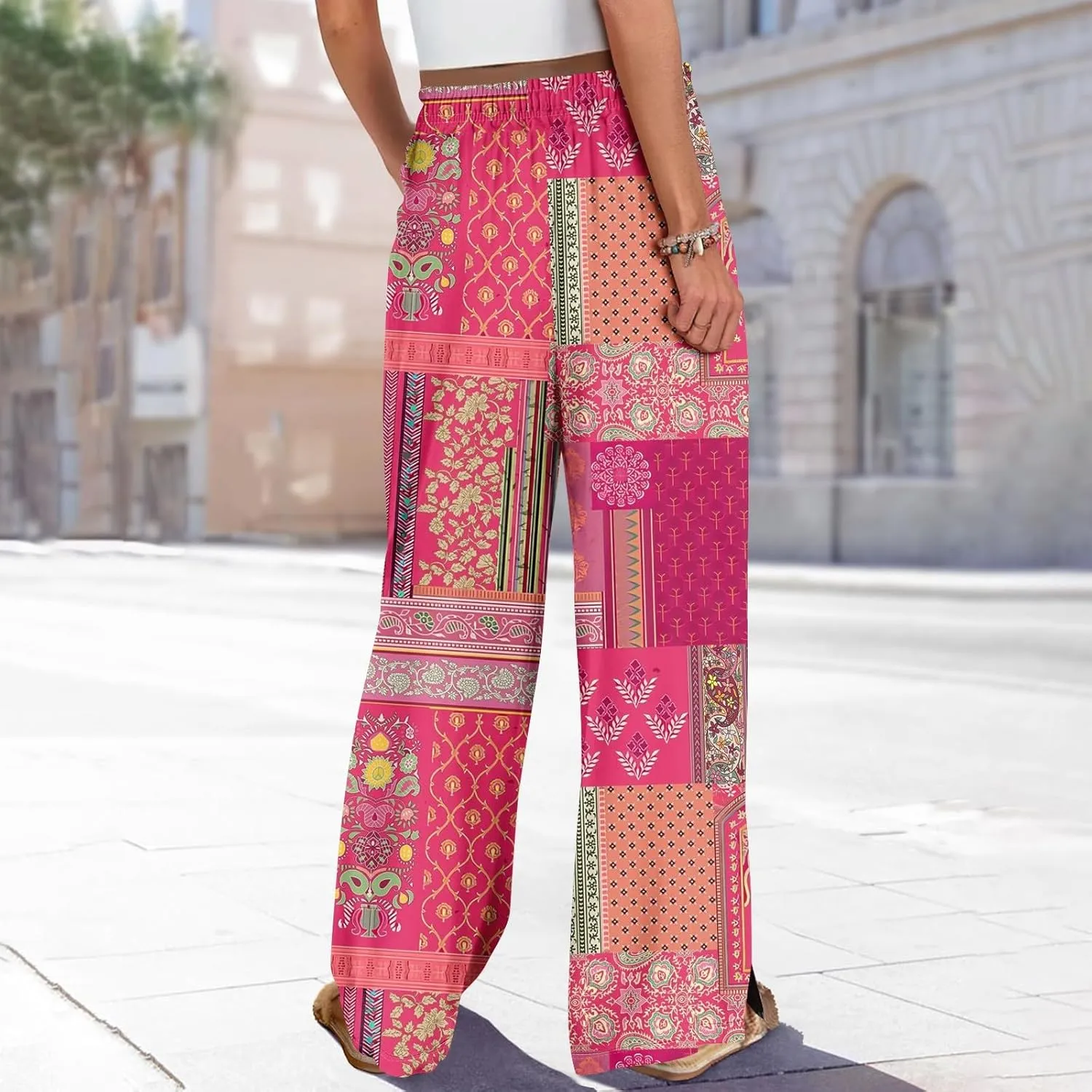 Wide Leg Pants Women 2025 Summer Floral Print Boho Palazzo Pants High Waist Lounge Trousers with Pockets