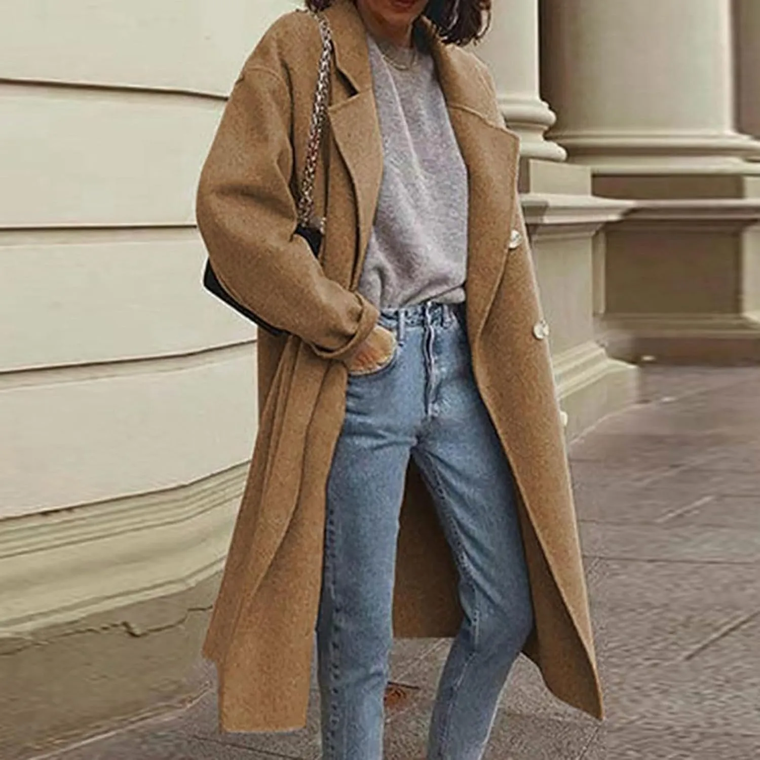 Winter Coats for Women Elegant Notched Collar Double Breasted Wool Coat Casual Trench Peacoat Warm Trench Coats
