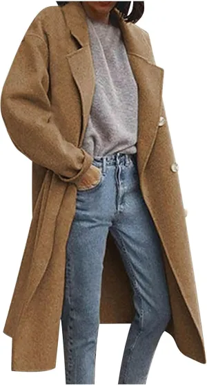 Winter Coats for Women Elegant Notched Collar Double Breasted Wool Coat Casual Trench Peacoat Warm Trench Coats