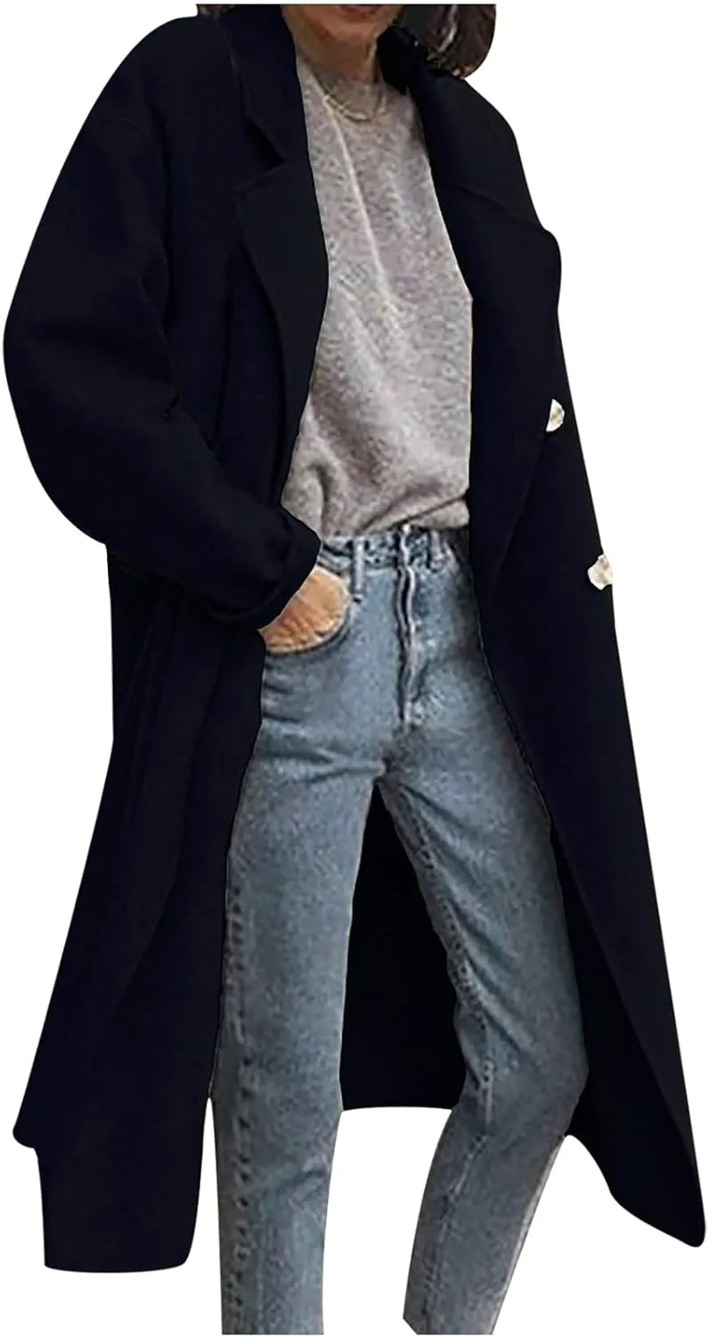 Winter Coats for Women Elegant Notched Collar Double Breasted Wool Coat Casual Trench Peacoat Warm Trench Coats
