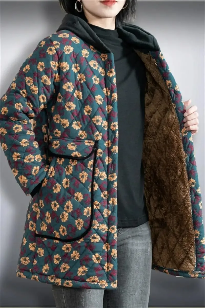 Winter Jacket Thickened Hooded Cotton Padded Clothes Medium Long Loose Floral Fleece Coat