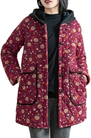 Winter Jacket Thickened Hooded Cotton Padded Clothes Medium Long Loose Floral Fleece Coat