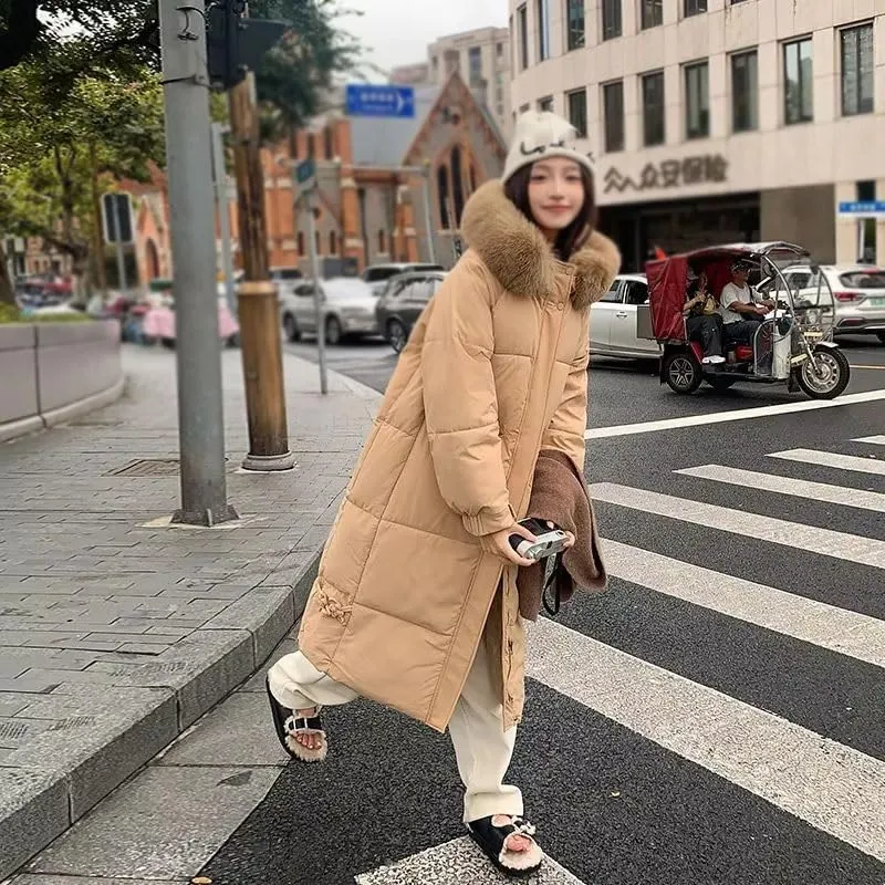 Winter Long Down Cotton Jacket Women Zipper Loose Padded Coat Female Solid Thickening Warm Puffer Parka Jackets