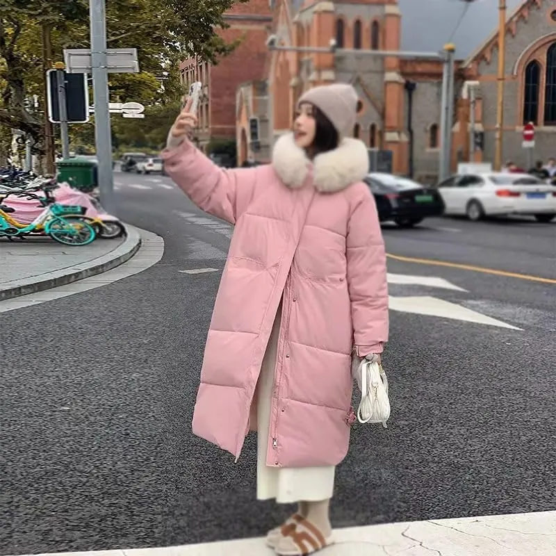 Winter Long Down Cotton Jacket Women Zipper Loose Padded Coat Female Solid Thickening Warm Puffer Parka Jackets