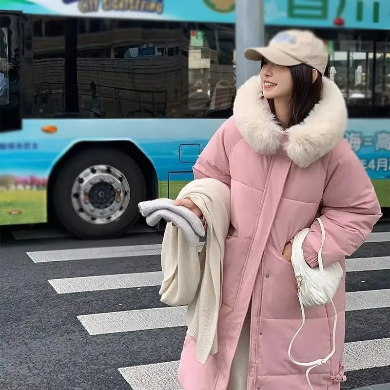 Winter Long Down Cotton Jacket Women Zipper Loose Padded Coat Female Solid Thickening Warm Puffer Parka Jackets