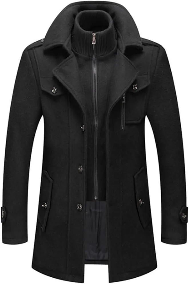 Winter Wool Coat Men Double Collar Thick Jacket Single Breasted Trench Coat Wool Blends Overcoats