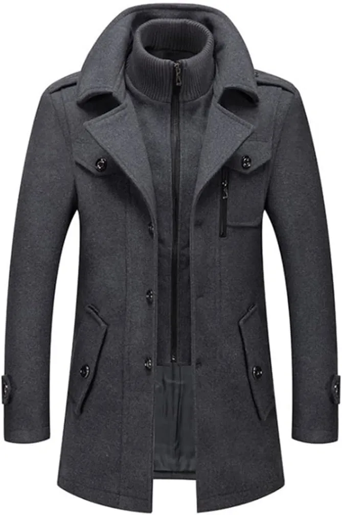 Winter Wool Coat Men Double Collar Thick Jacket Single Breasted Trench Coat Wool Blends Overcoats