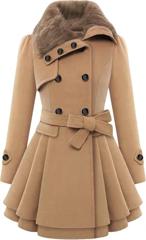 WIWIQS Womens Double Breasted Outwear Coat Lapel Long Winter Peacoats Fashion Warm Trench Coat with Belt
