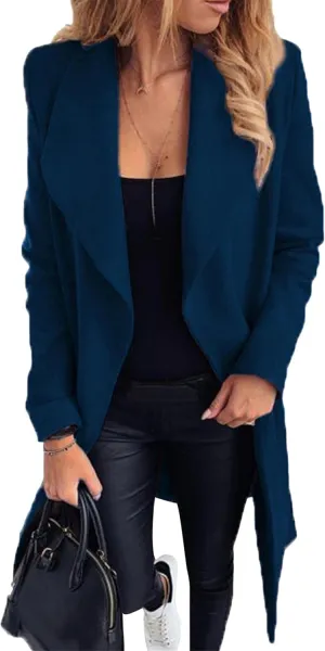 WIWIQS Women's Elegant Long Sleeve Wool Blend Pea Coat Open Front Mid-Long Overcoat