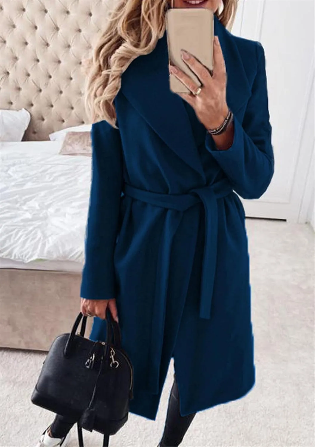 WIWIQS Women's Elegant Long Sleeve Wool Blend Pea Coat Open Front Mid-Long Overcoat