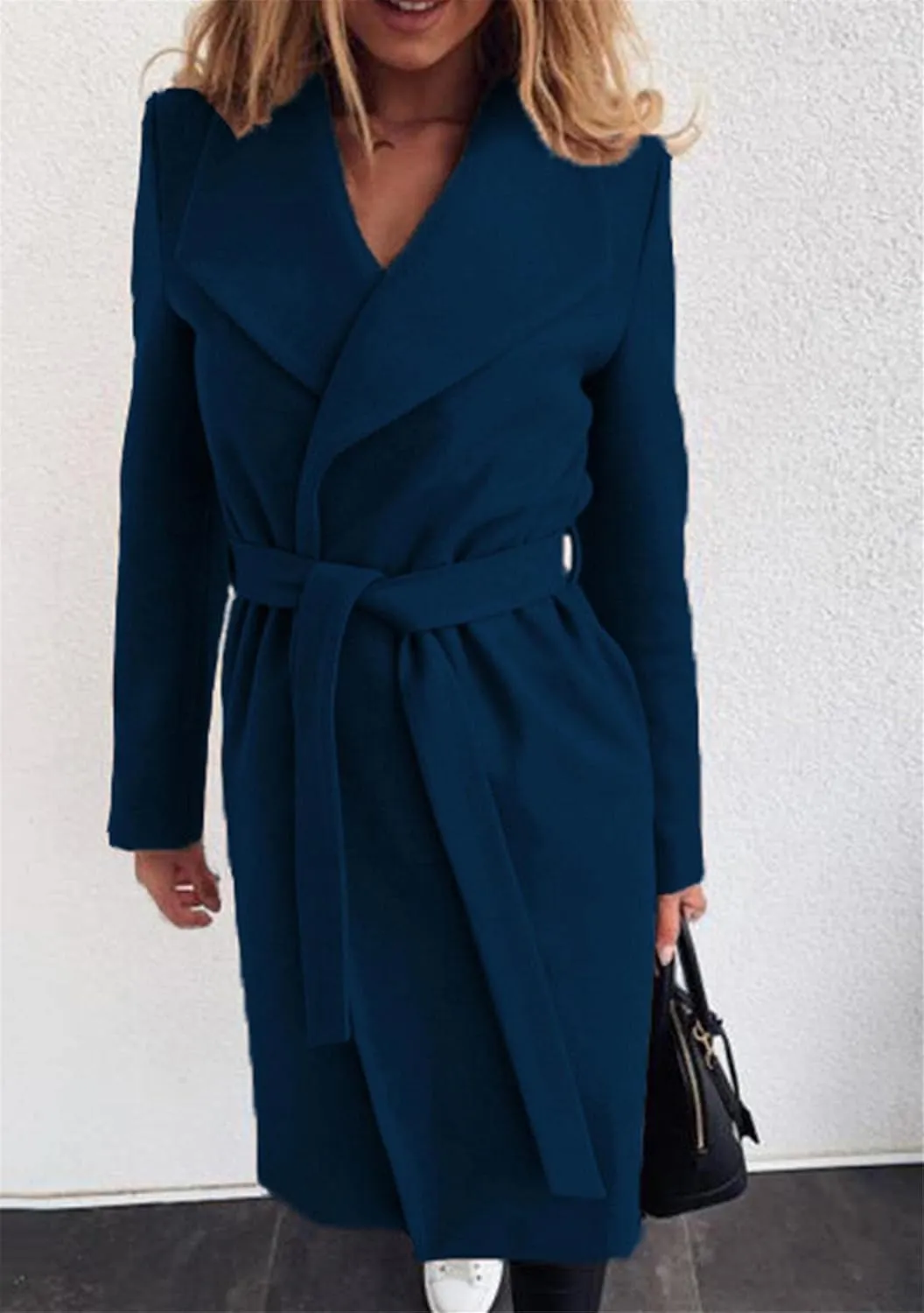 WIWIQS Women's Elegant Long Sleeve Wool Blend Pea Coat Open Front Mid-Long Overcoat