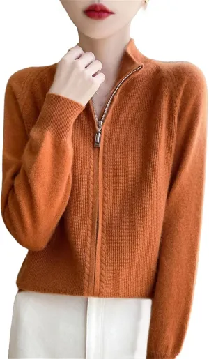 Women 100% Merino Wool Soft Sweater Cardigan Zipper Knitwear Long Sleeve Wool Sweater Female Tops