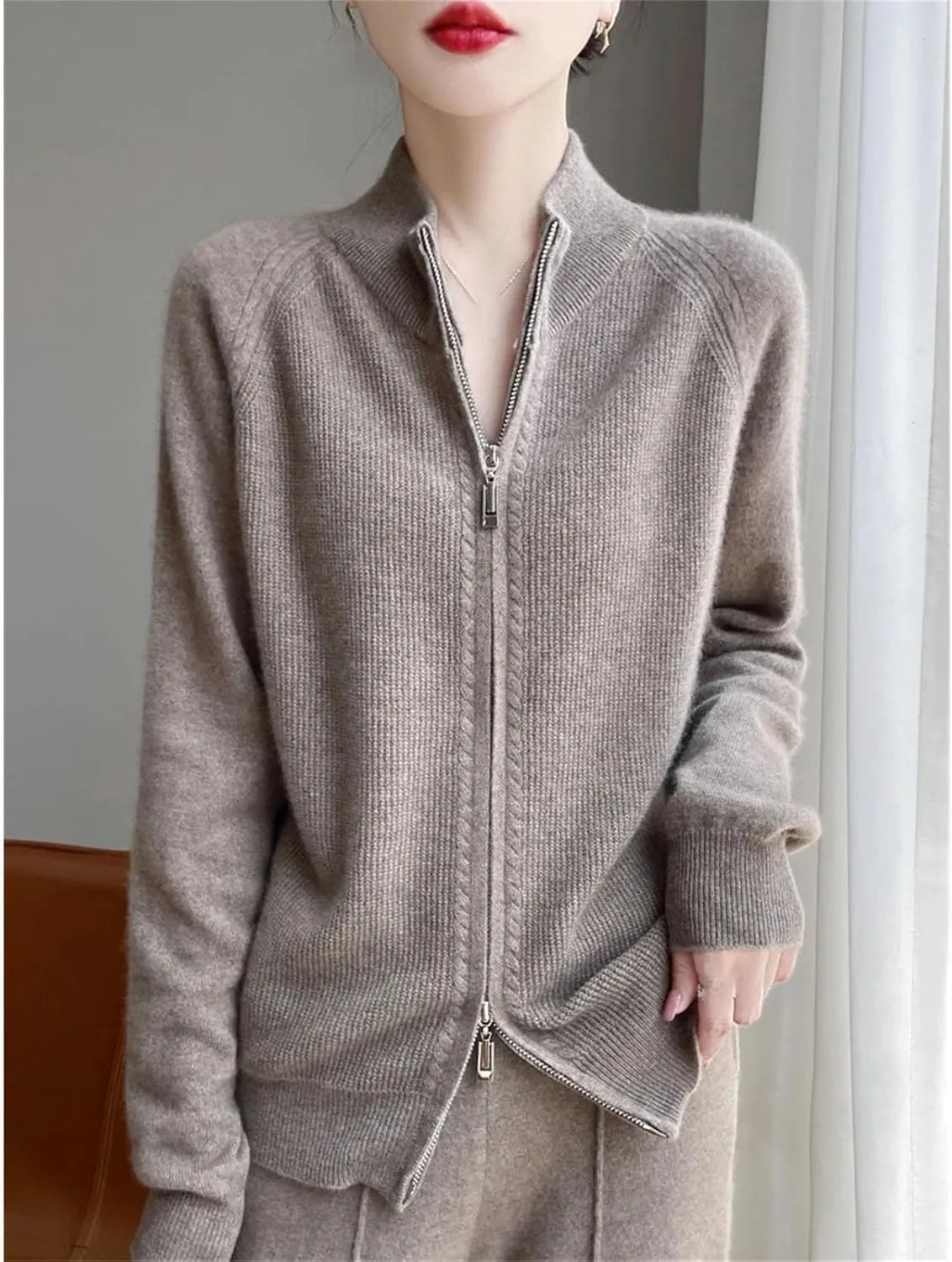 Women 100% Merino Wool Soft Sweater Cardigan Zipper Knitwear Long Sleeve Wool Sweater Female Tops