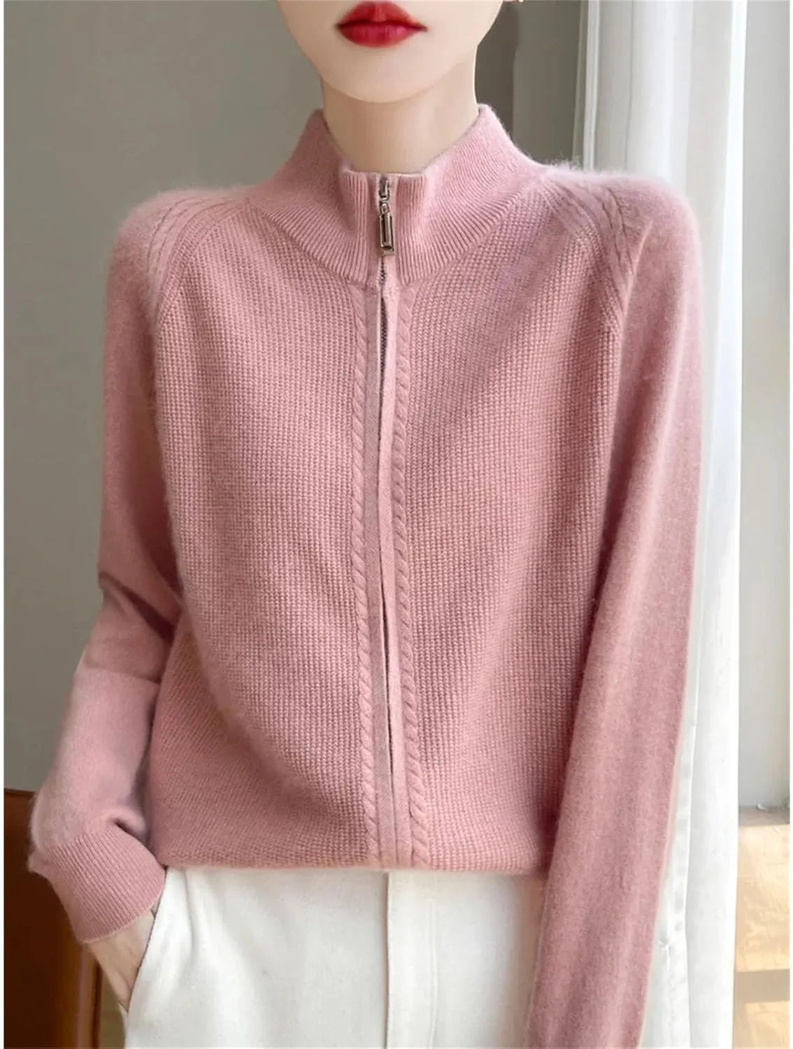 Women 100% Merino Wool Soft Sweater Cardigan Zipper Knitwear Long Sleeve Wool Sweater Female Tops
