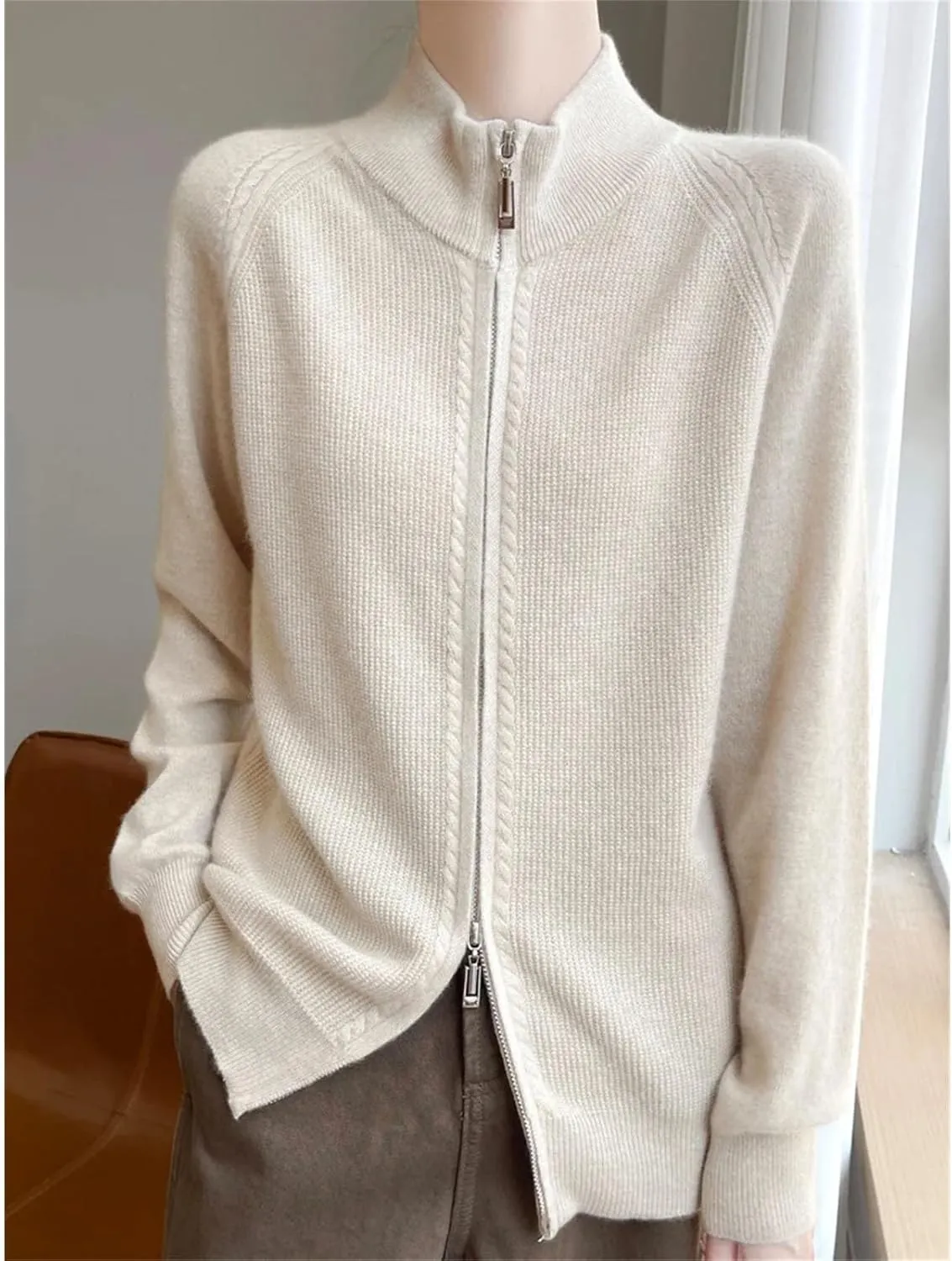 Women 100% Merino Wool Soft Sweater Cardigan Zipper Knitwear Long Sleeve Wool Sweater Female Tops