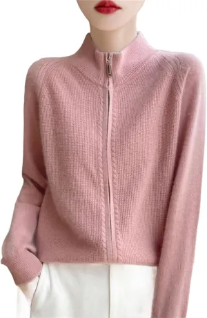 Women 100% Merino Wool Soft Sweater Cardigan Zipper Knitwear Long Sleeve Wool Sweater Female Tops