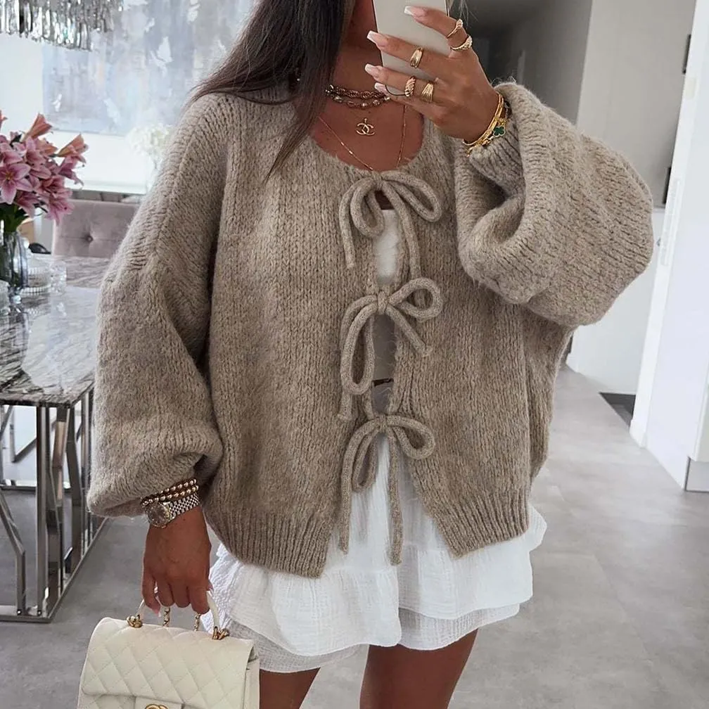 Women Casual Bow Tie Front Cardigan Sweater Solid Crew Neck Long Sleeve Self Tie Open Front Knit Sweater Top Fall