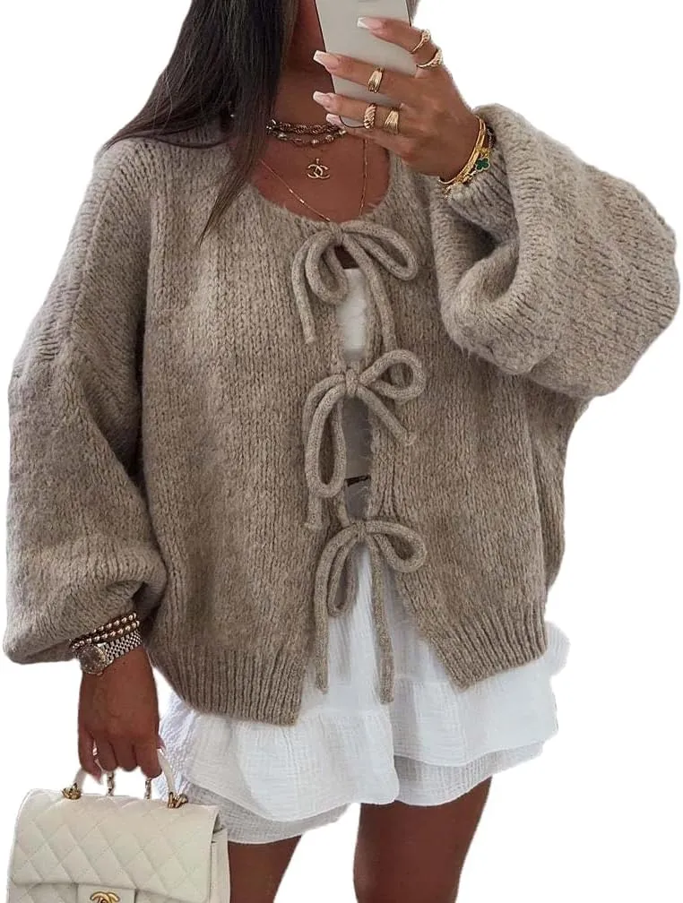 Women Casual Bow Tie Front Cardigan Sweater Solid Crew Neck Long Sleeve Self Tie Open Front Knit Sweater Top Fall