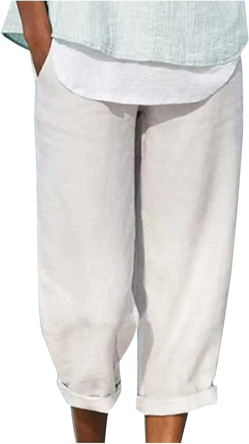 Women Casual Cotton Tapered Capri Cargo Pants Loose Elastic Waist Ankle Cropped Trouser Summer Work Slacks with Pocket