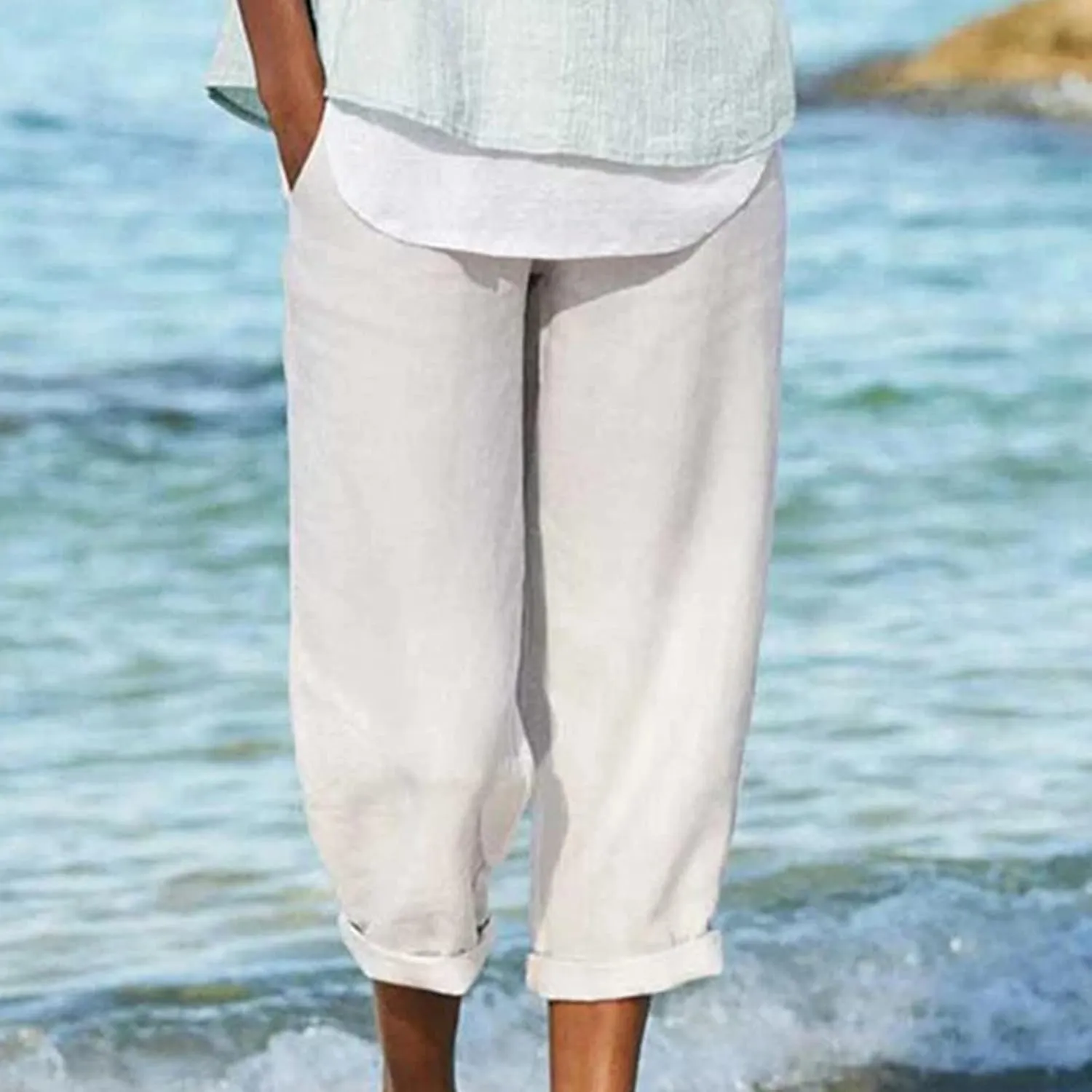 Women Casual Cotton Tapered Capri Cargo Pants Loose Elastic Waist Ankle Cropped Trouser Summer Work Slacks with Pocket
