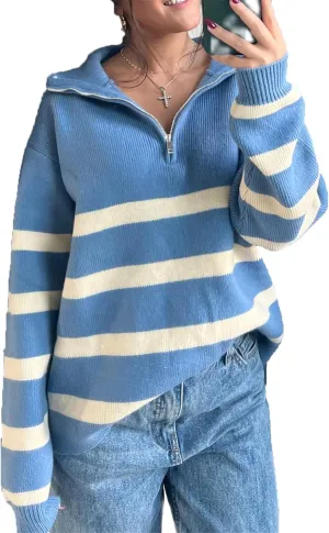 Women Comfy Chunky Cable Knit Sweater Long Sleeve Quarter Zip Pullover Jumper Fall Trendy Going Out Tops Knitwear