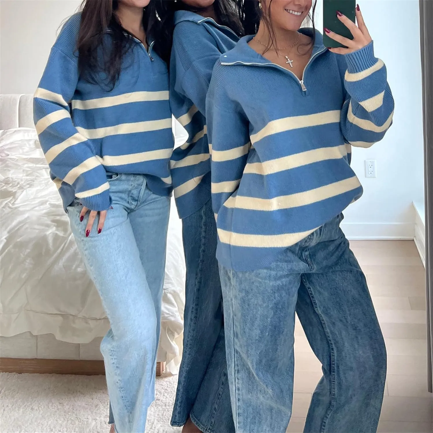 Women Comfy Chunky Cable Knit Sweater Long Sleeve Quarter Zip Pullover Jumper Fall Trendy Going Out Tops Knitwear