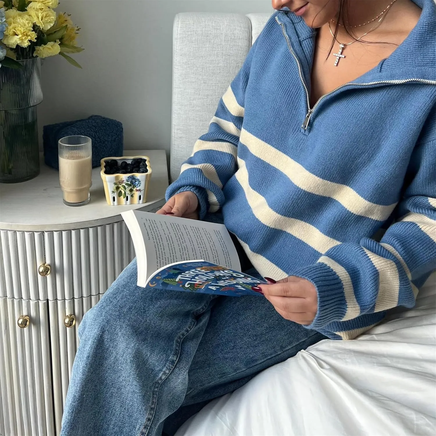 Women Comfy Chunky Cable Knit Sweater Long Sleeve Quarter Zip Pullover Jumper Fall Trendy Going Out Tops Knitwear