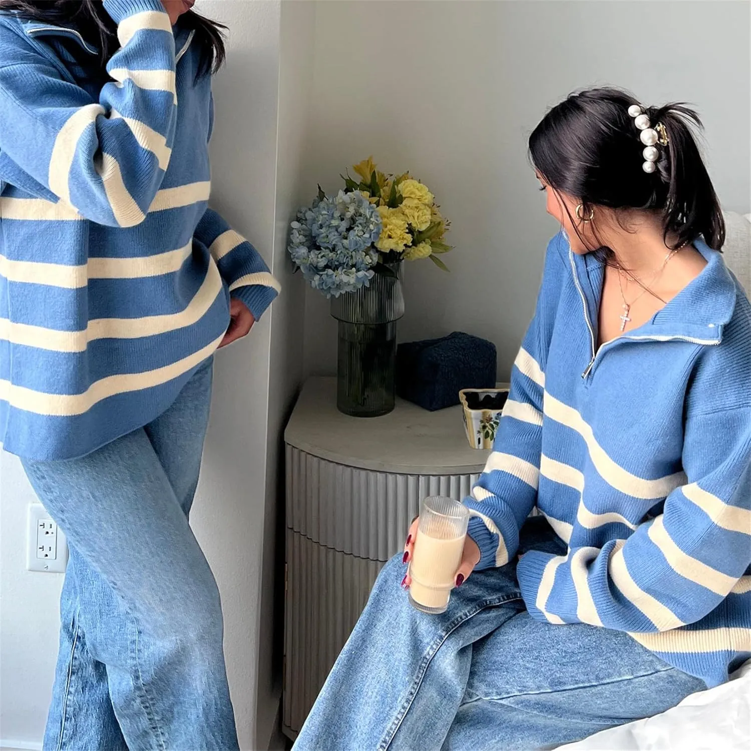 Women Comfy Chunky Cable Knit Sweater Long Sleeve Quarter Zip Pullover Jumper Fall Trendy Going Out Tops Knitwear