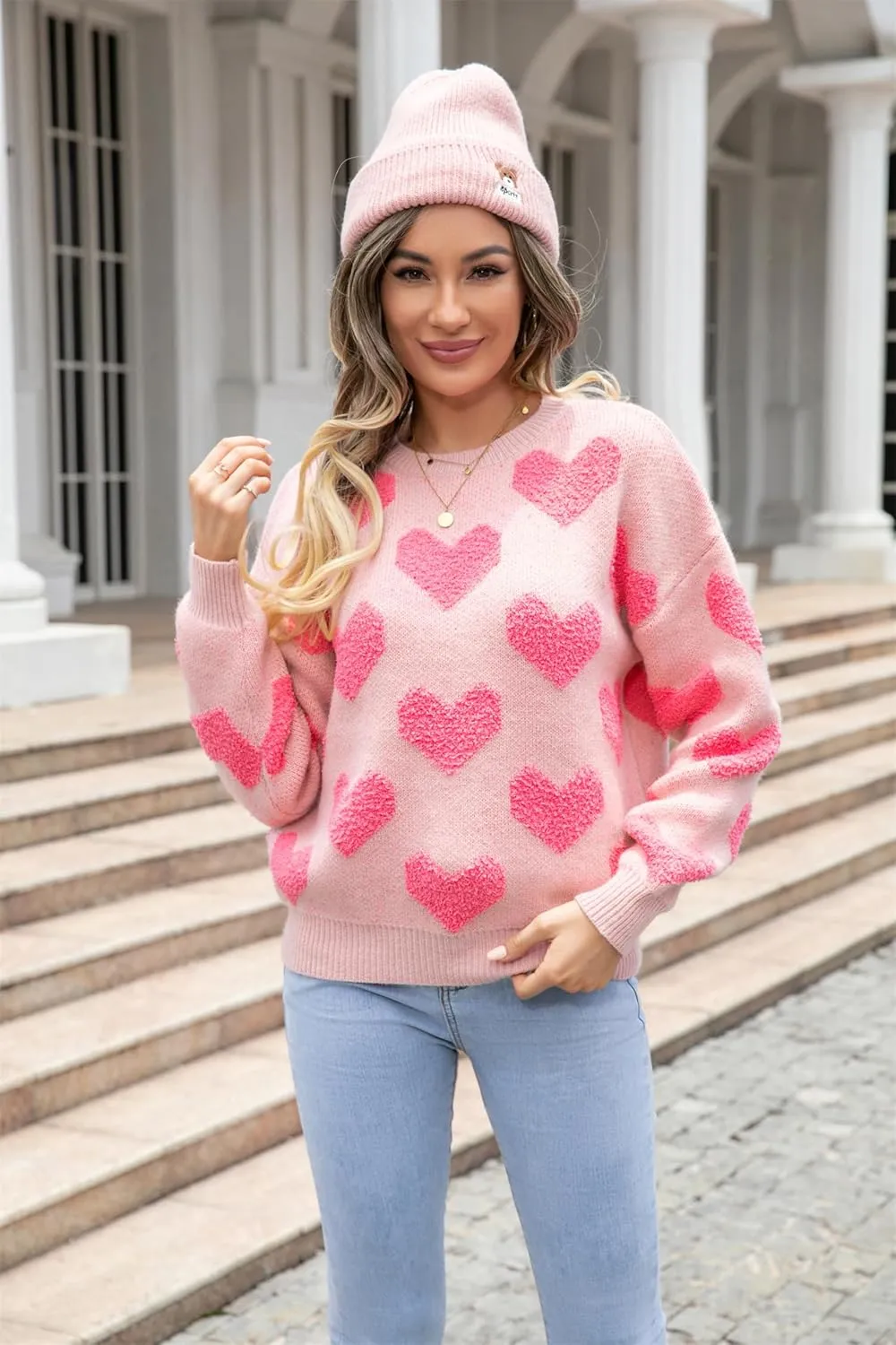 Women Cute Valentine Heart Graphic Jumper V-Neck Embroidery Knitted Loose Pullover Sweater Tops