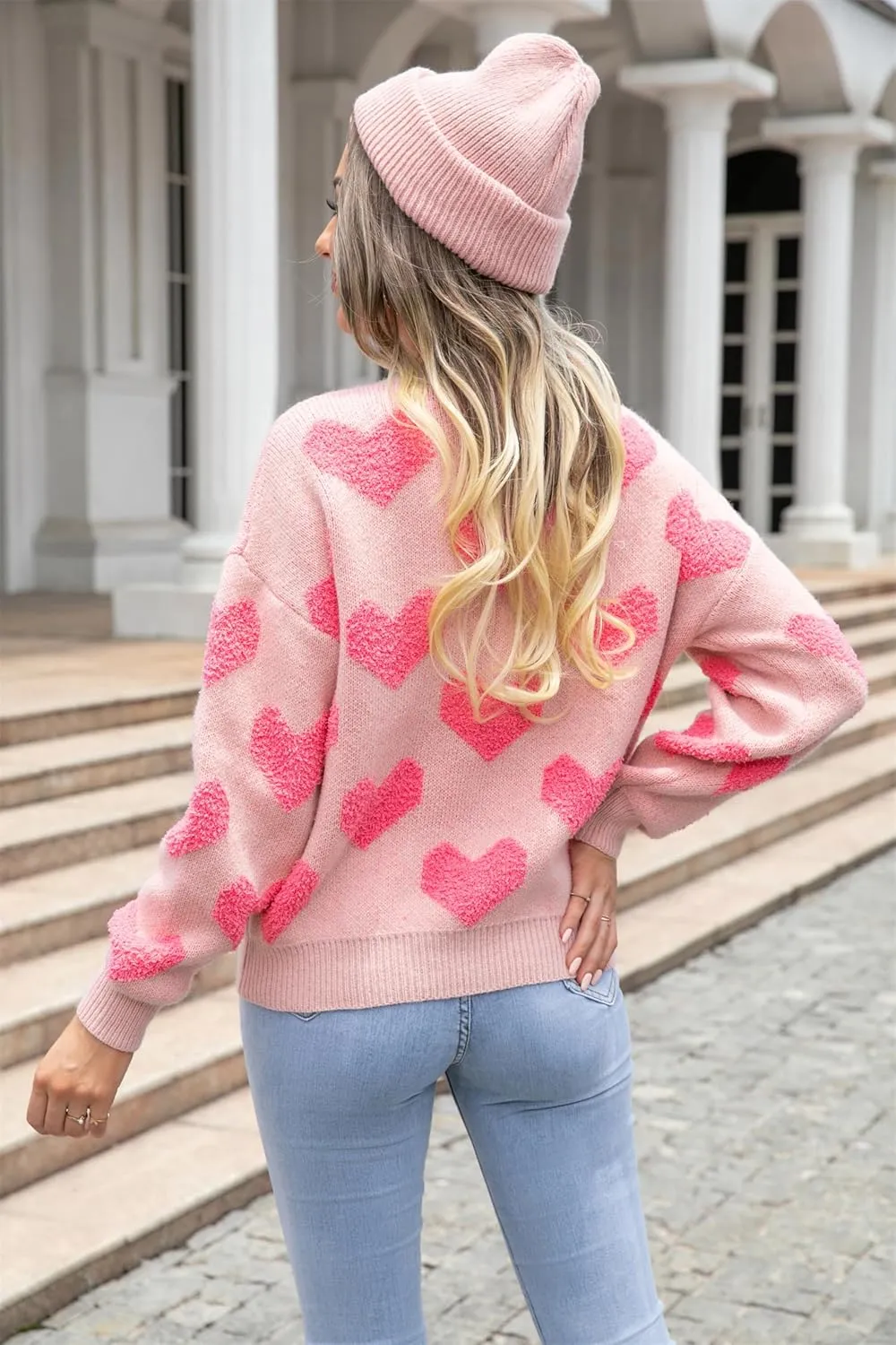 Women Cute Valentine Heart Graphic Jumper V-Neck Embroidery Knitted Loose Pullover Sweater Tops