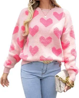 Women Cute Valentine Heart Graphic Jumper V-Neck Embroidery Knitted Loose Pullover Sweater Tops