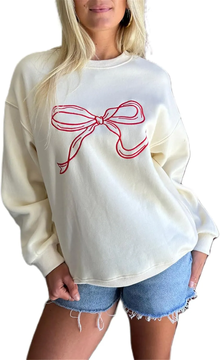 Women Cute Y2K Oversized Sweatshirt Long Sleeve Crewneck Bow Print Graphic Tees Fall Trendy Going Out Top Streetwear