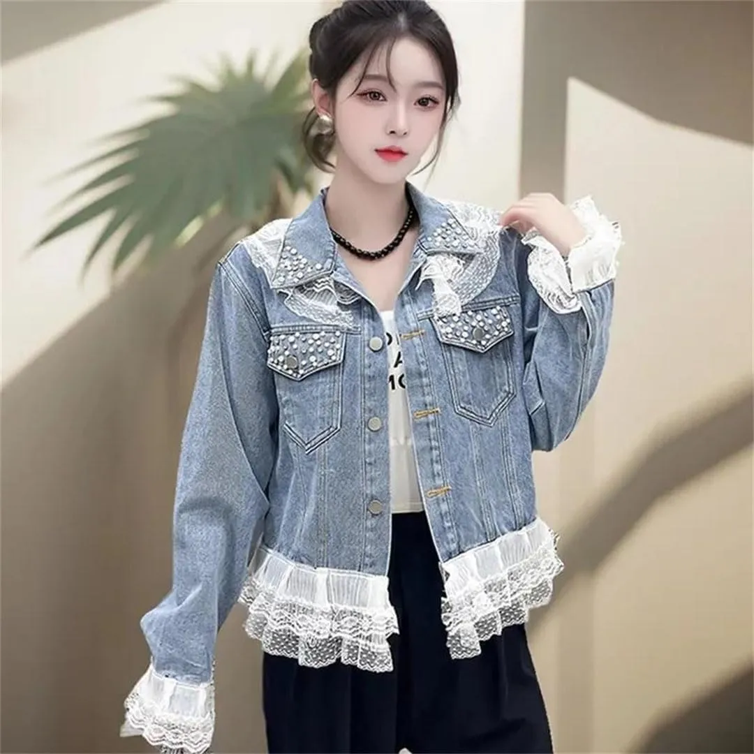 Women Denim Jacket Design Lace Patchwork Jeans Coat Outerwear Top