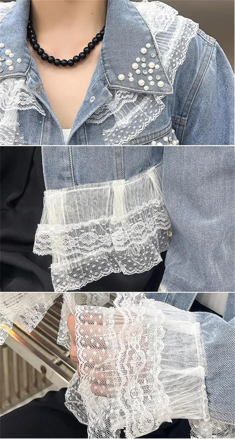 Women Denim Jacket Design Lace Patchwork Jeans Coat Outerwear Top