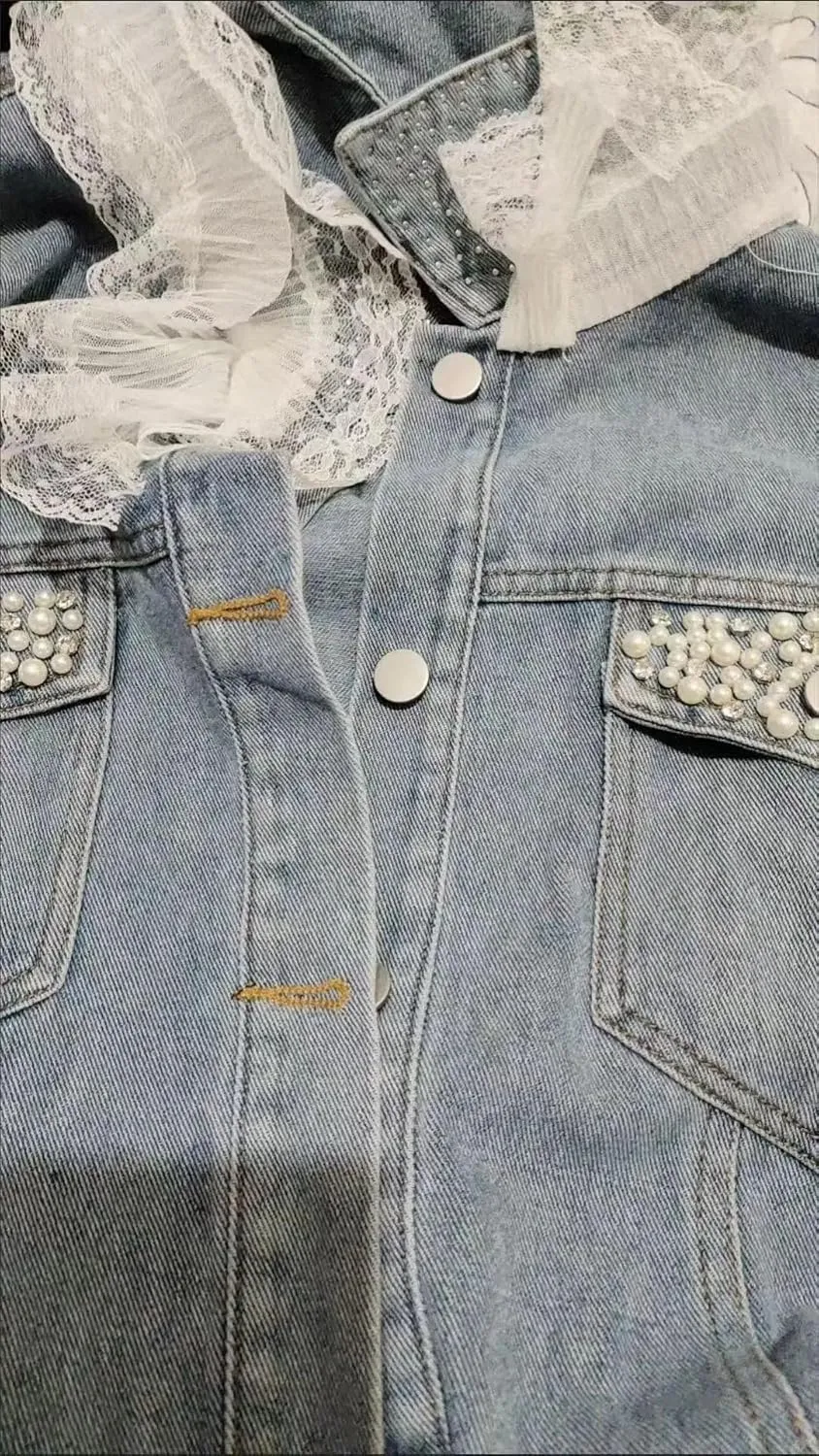 Women Denim Jacket Design Lace Patchwork Jeans Coat Outerwear Top