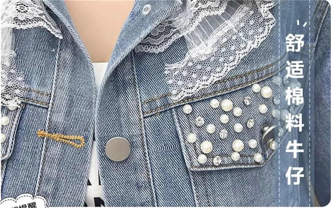 Women Denim Jacket Design Lace Patchwork Jeans Coat Outerwear Top