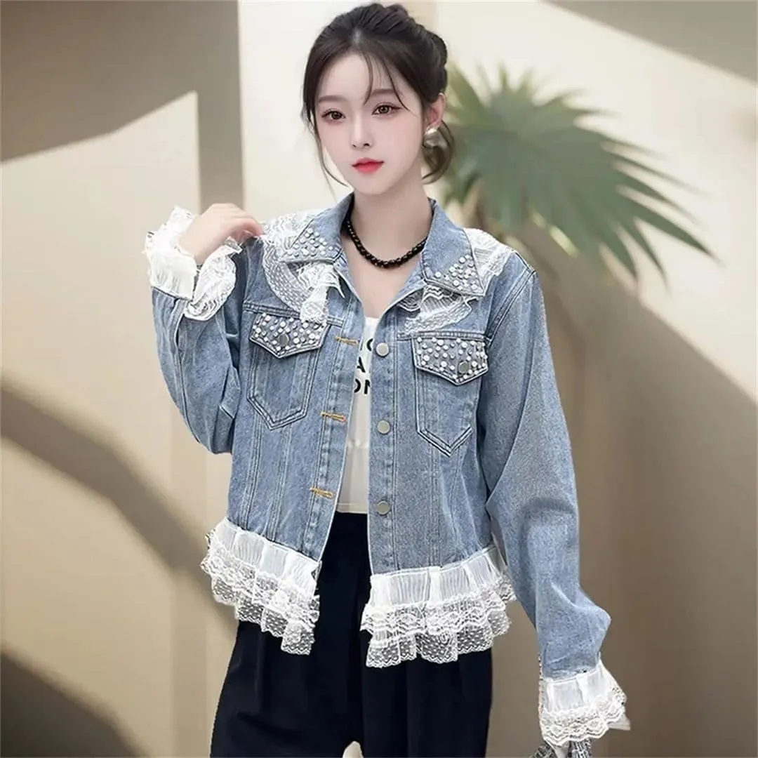 Women Denim Jacket Design Lace Patchwork Jeans Coat Outerwear Top