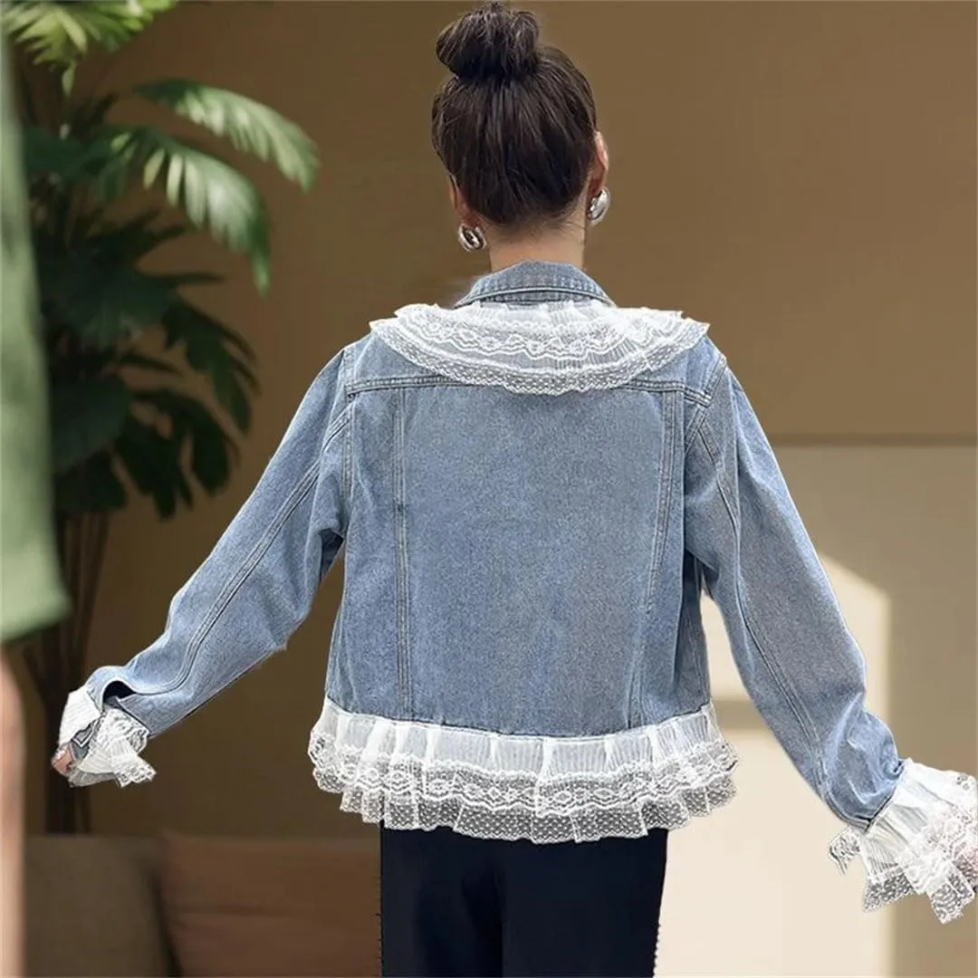 Women Denim Jacket Design Lace Patchwork Jeans Coat Outerwear Top