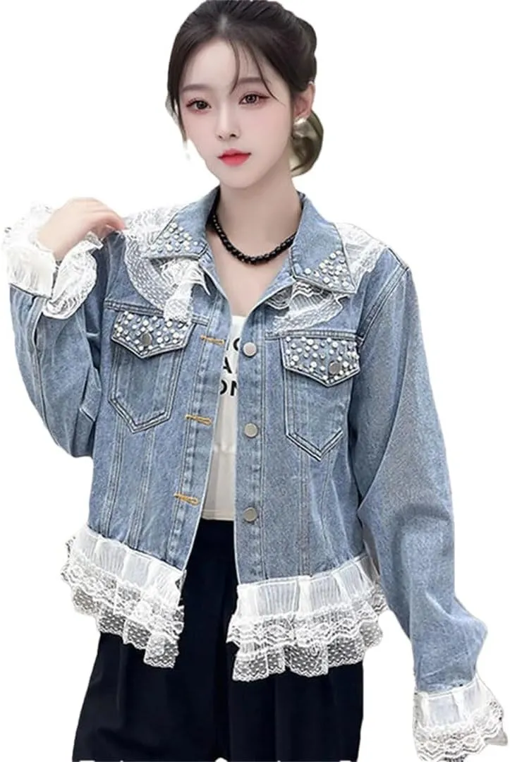 Women Denim Jacket Design Lace Patchwork Jeans Coat Outerwear Top