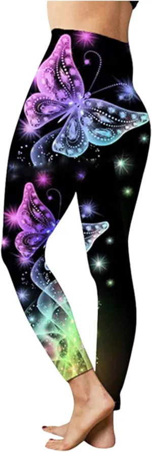 Women Fashion Butterfly Print Yoga Pants Plus Size Casual High Waist Sport Pants Fleece Pregnancy Yoga Pants Over Belly