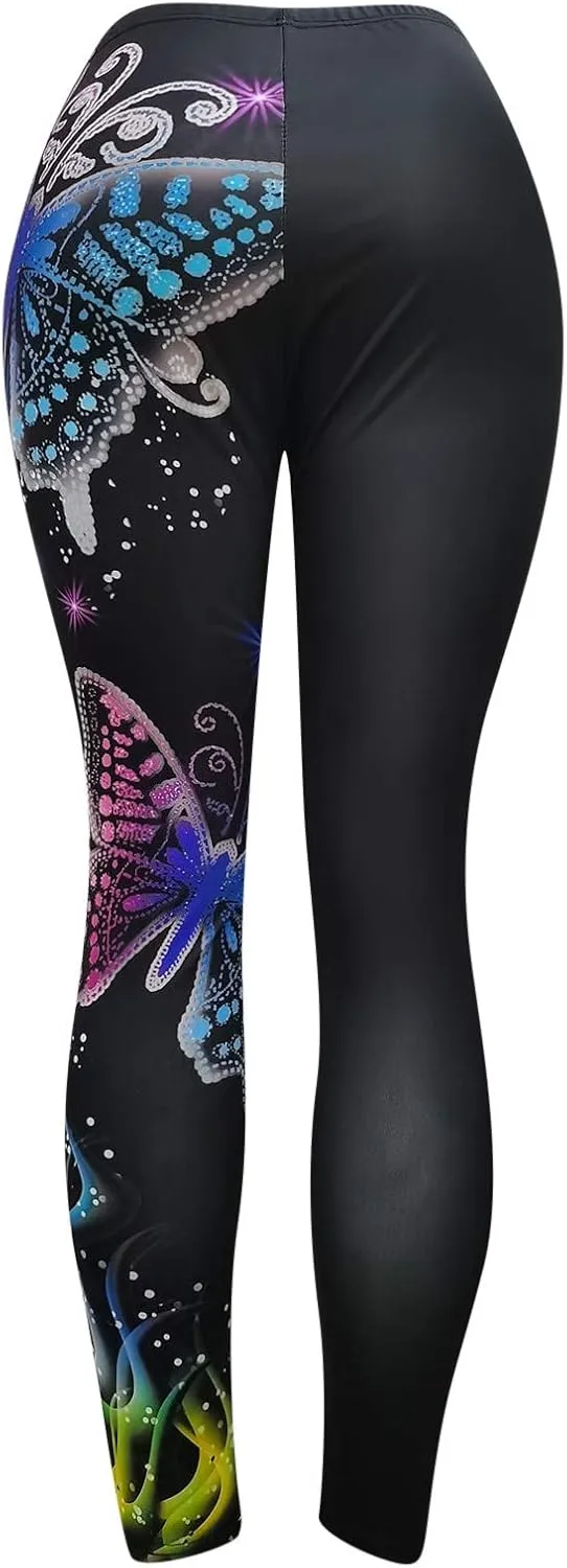 Women Fashion Butterfly Print Yoga Pants Plus Size Casual High Waist Sport Pants Fleece Pregnancy Yoga Pants Over Belly