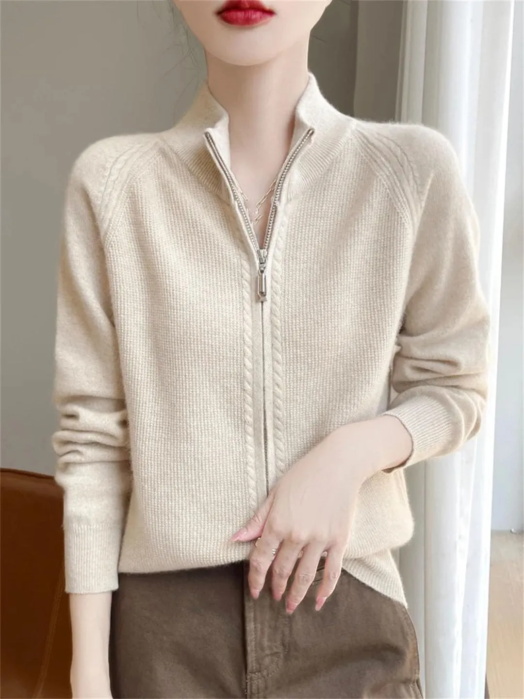 Women Full Zippers Knit Cardigan Merino Wool Blend Sweater Mock Neck Raglan Sleeve Knit Sweater