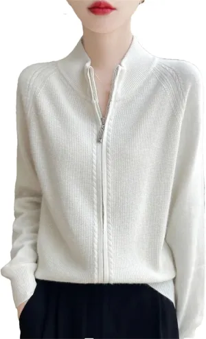 Women Full Zippers Knit Cardigan Merino Wool Blend Sweater Mock Neck Raglan Sleeve Knit Sweater