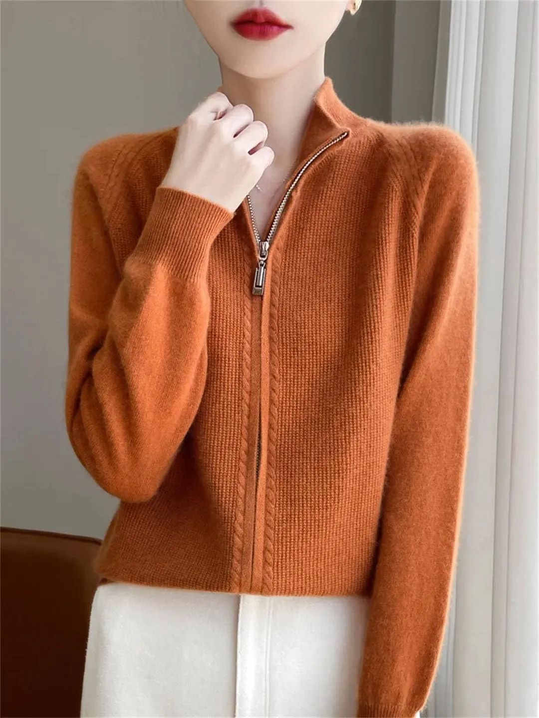 Women Full Zippers Knit Cardigan Merino Wool Blend Sweater Mock Neck Raglan Sleeve Knit Sweater