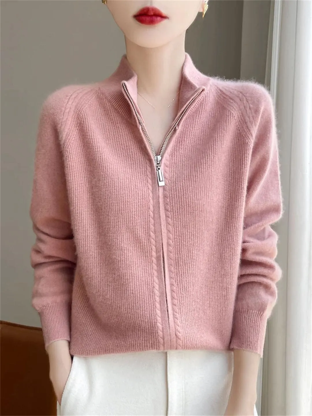 Women Full Zippers Knit Cardigan Merino Wool Blend Sweater Mock Neck Raglan Sleeve Knit Sweater