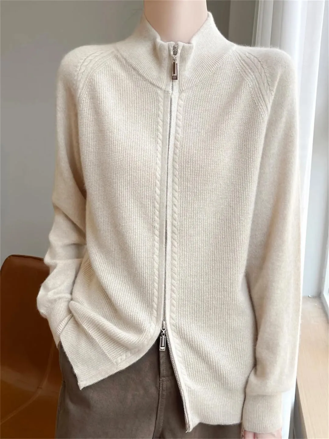 Women Full Zippers Knit Cardigan Merino Wool Blend Sweater Mock Neck Raglan Sleeve Knit Sweater