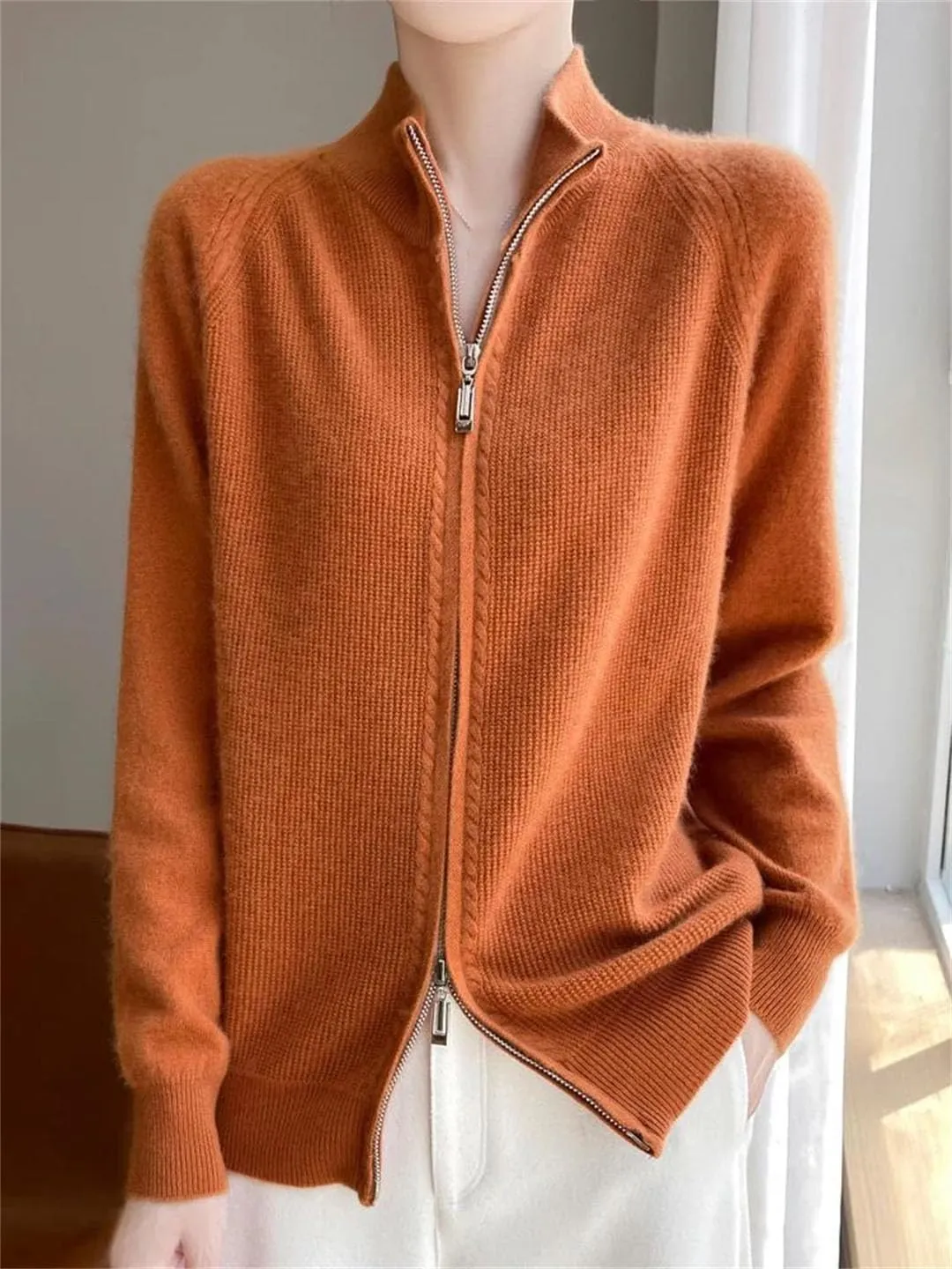 Women Full Zippers Knit Cardigan Merino Wool Blend Sweater Mock Neck Raglan Sleeve Knit Sweater