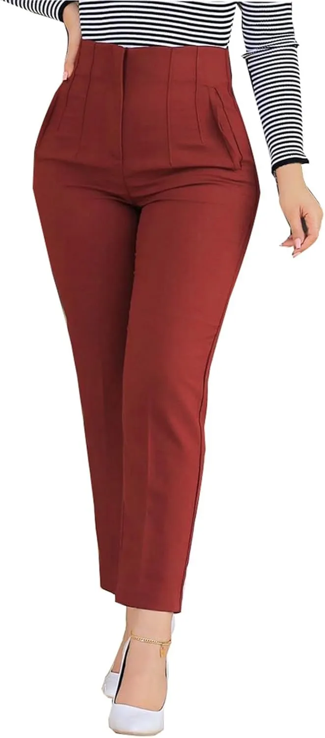 Women High Waist Cropped Work Pants Solid Zipper Trouser Pant Casual Baggy Elastic Waist Trouser Wide Leg Pant with